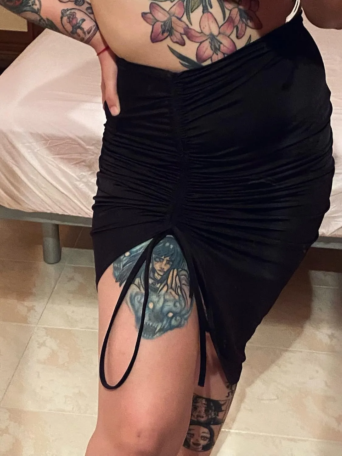 AIBEARTY Women's Asymmetrical Drawstring Ruched Midi Skirt Thigh Slit High Waist Lace Up Bodycon Party Clubwear