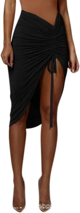 AIBEARTY Women's Asymmetrical Drawstring Ruched Midi Skirt Thigh Slit High Waist Lace Up Bodycon Party Clubwear