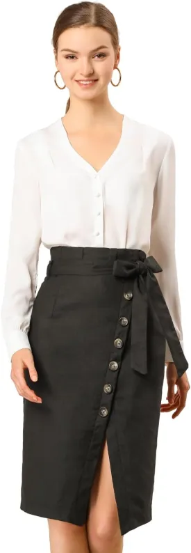 Allegra K Women's Pencil Skirt High Waisted Slit Button Decor Belted Work Skirts
