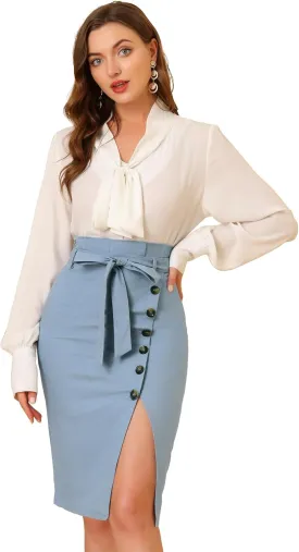 Allegra K Women's Pencil Skirt High Waisted Slit Button Decor Belted Work Skirts