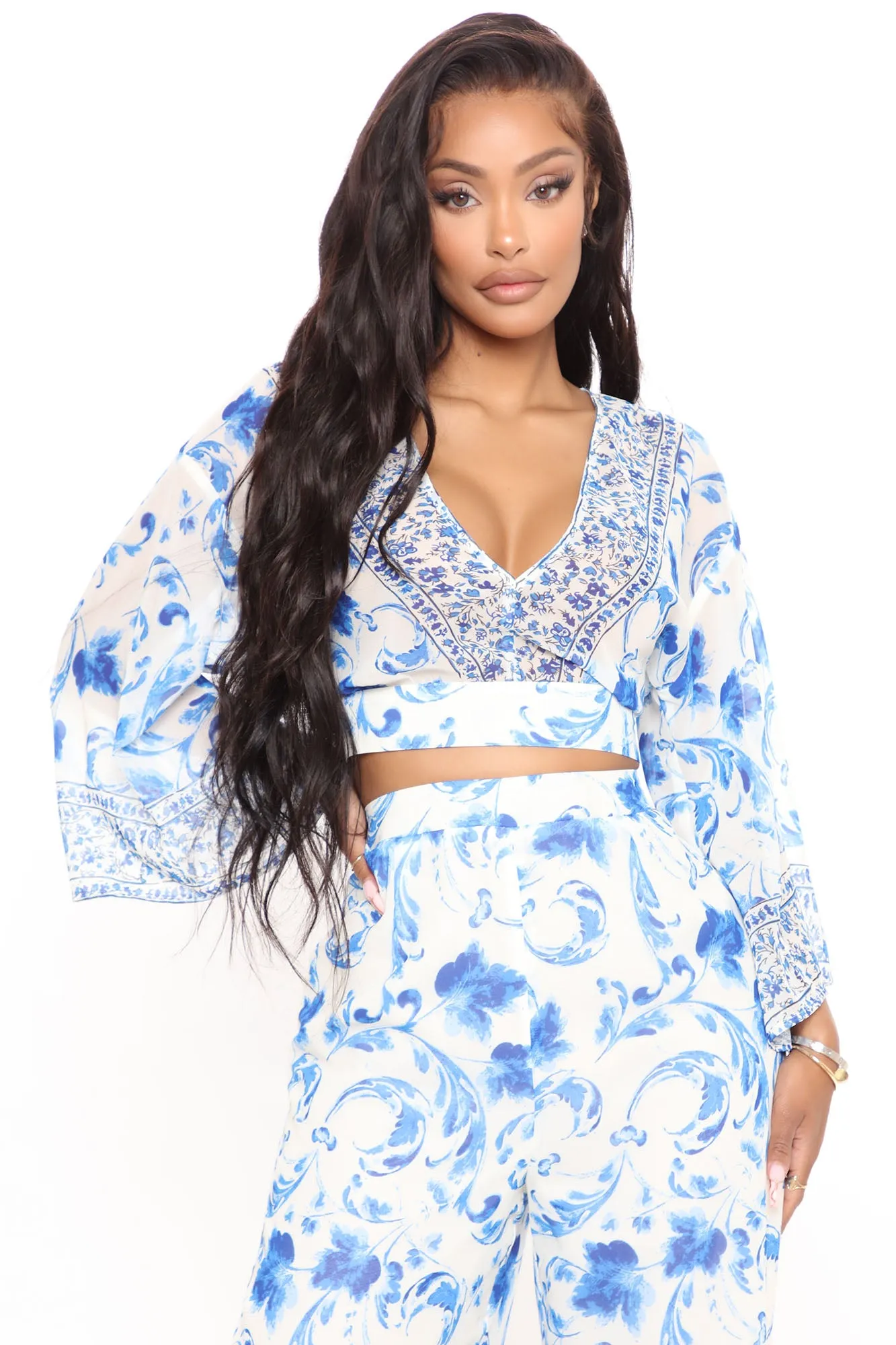 Aubrey Floral Wide Leg Pant Set - Blue/combo