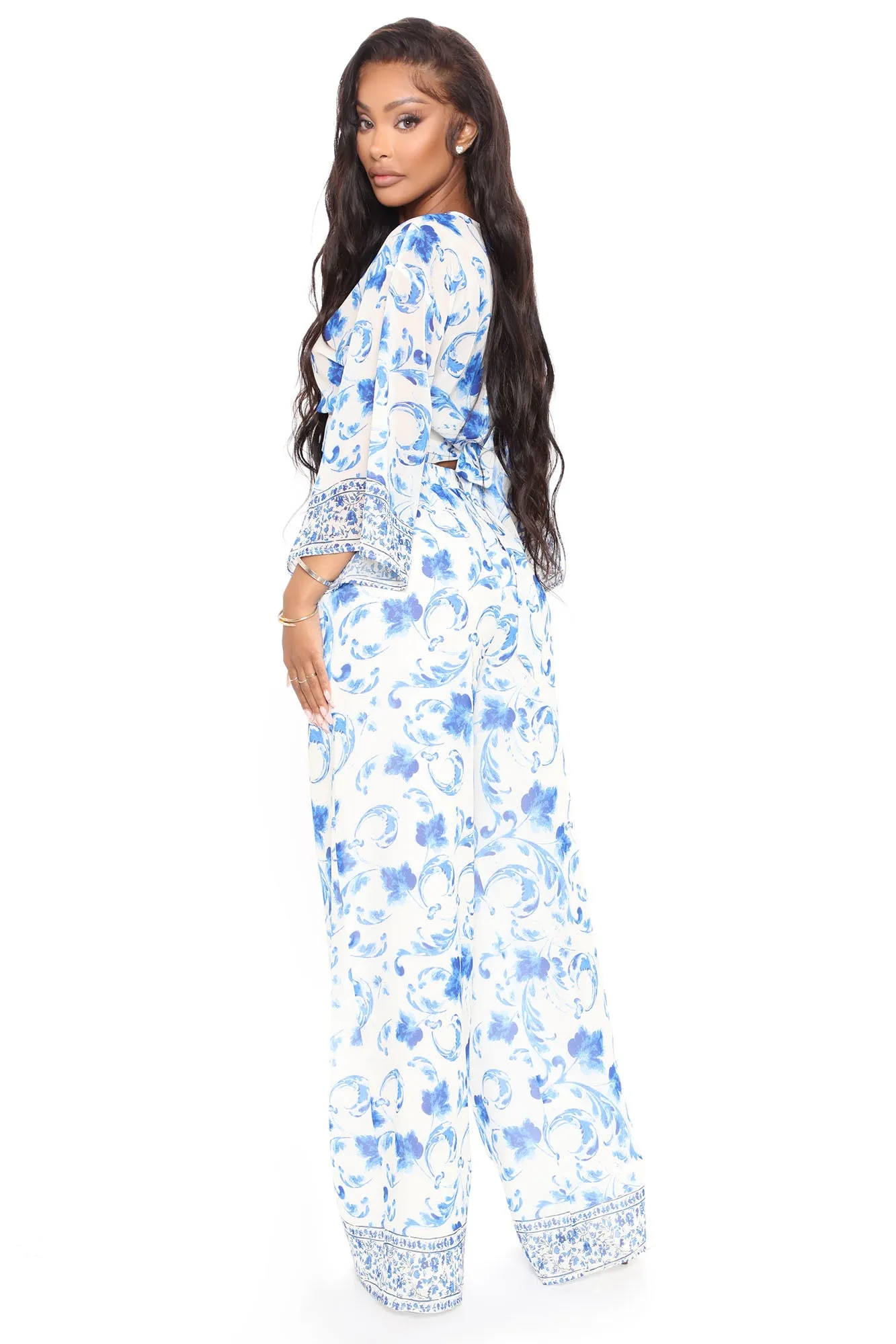Aubrey Floral Wide Leg Pant Set - Blue/combo