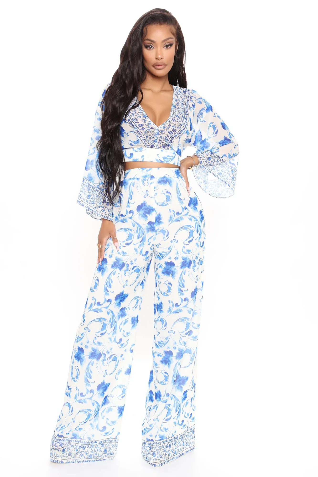 Aubrey Floral Wide Leg Pant Set - Blue/combo