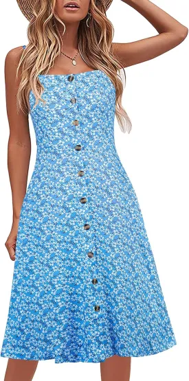Berydress Women's Casual Beach Summer Dresses 2025 Solid Cotton Flattering A-Line Spaghetti Strap Button Down Midi Sundress