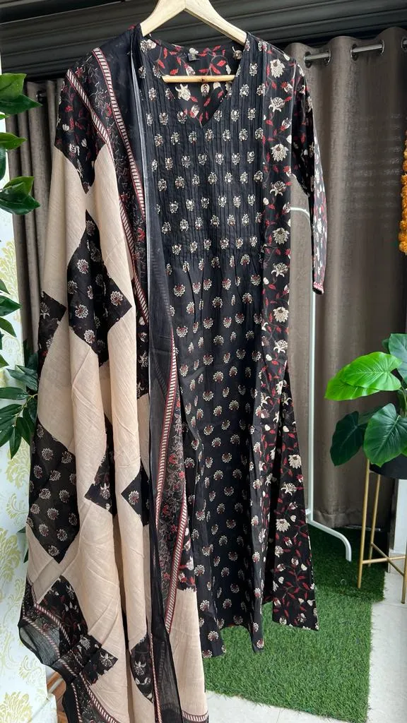 Black cotton 3 piece ajrak kurti suit