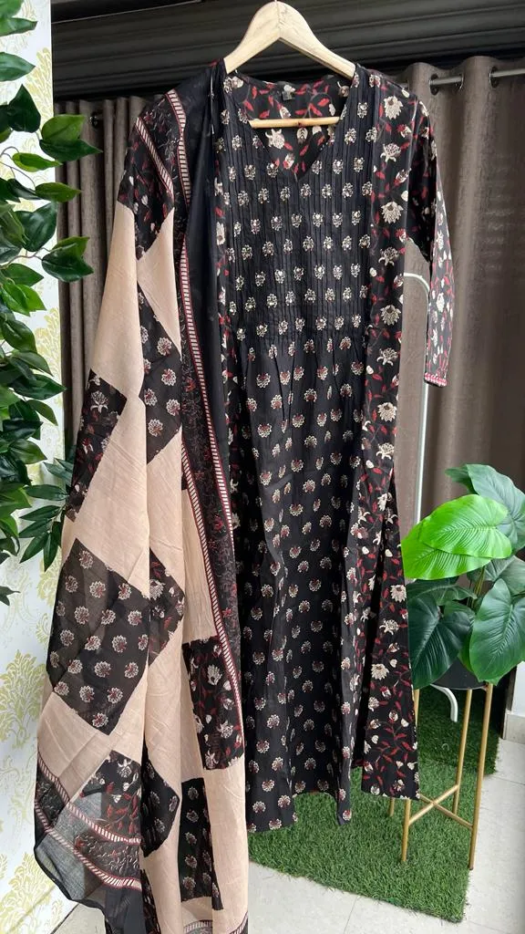 Black cotton 3 piece ajrak kurti suit