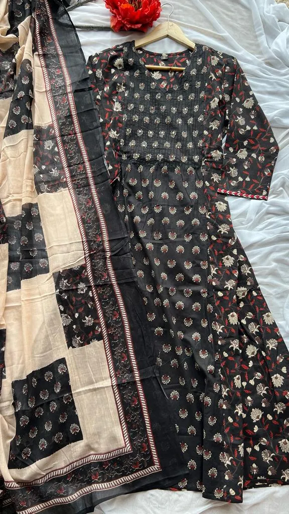 Black cotton 3 piece ajrak kurti suit
