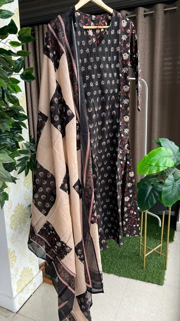 Black cotton 3 piece ajrak kurti suit