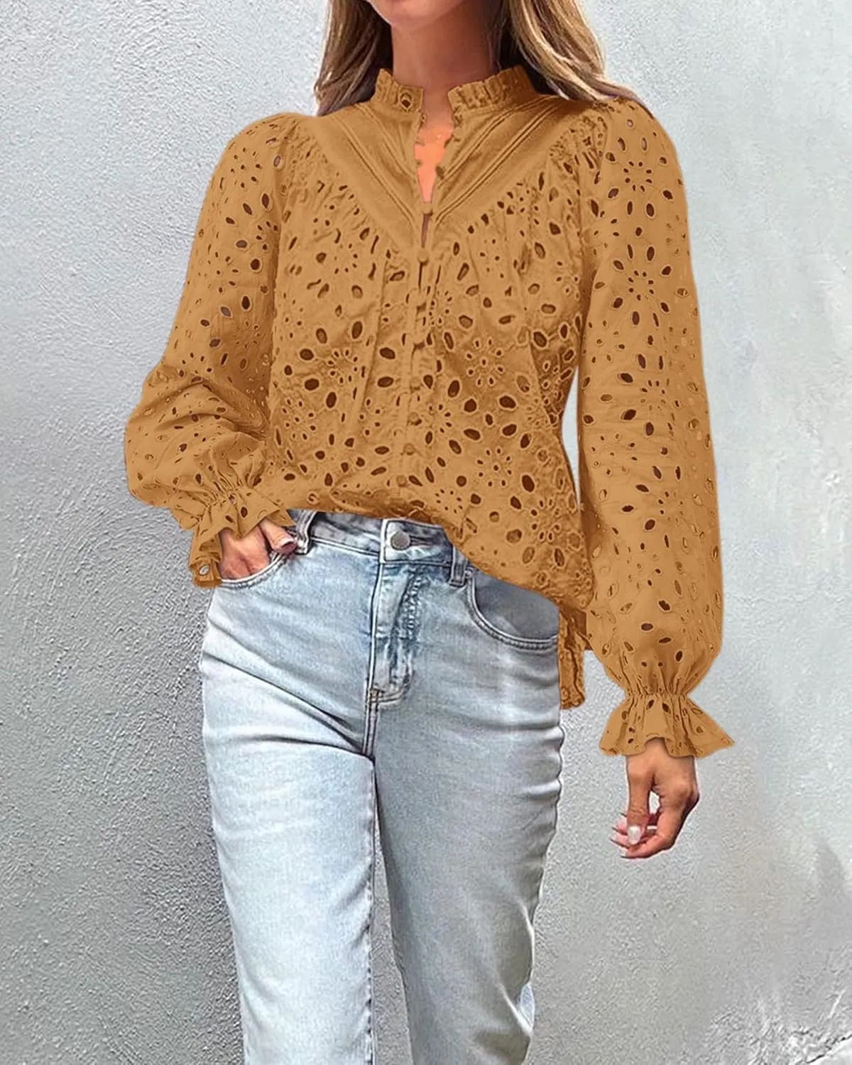 BTFBM Women Hollow Out Fall Tops 2025 Lace Eyelet Buttons V Neck Long Sleeve Embroidery Boho Dressy Casual Blouse Shirts