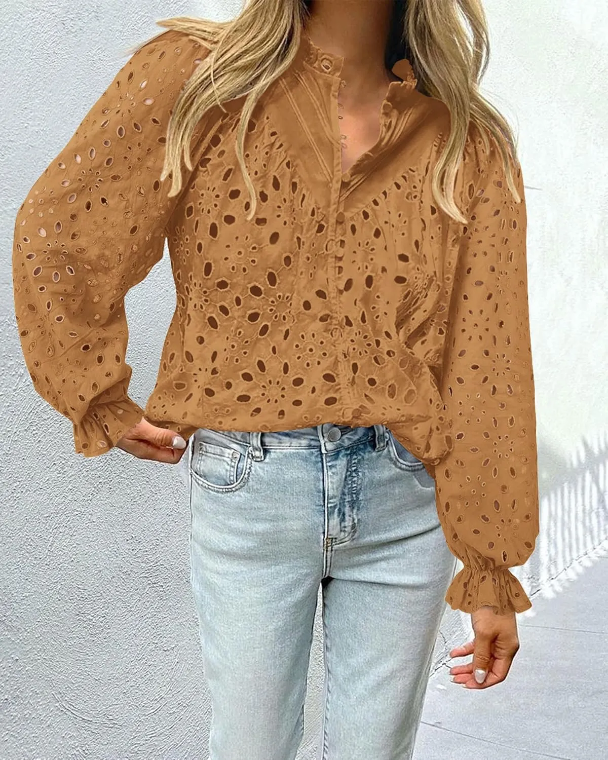 BTFBM Women Hollow Out Fall Tops 2025 Lace Eyelet Buttons V Neck Long Sleeve Embroidery Boho Dressy Casual Blouse Shirts