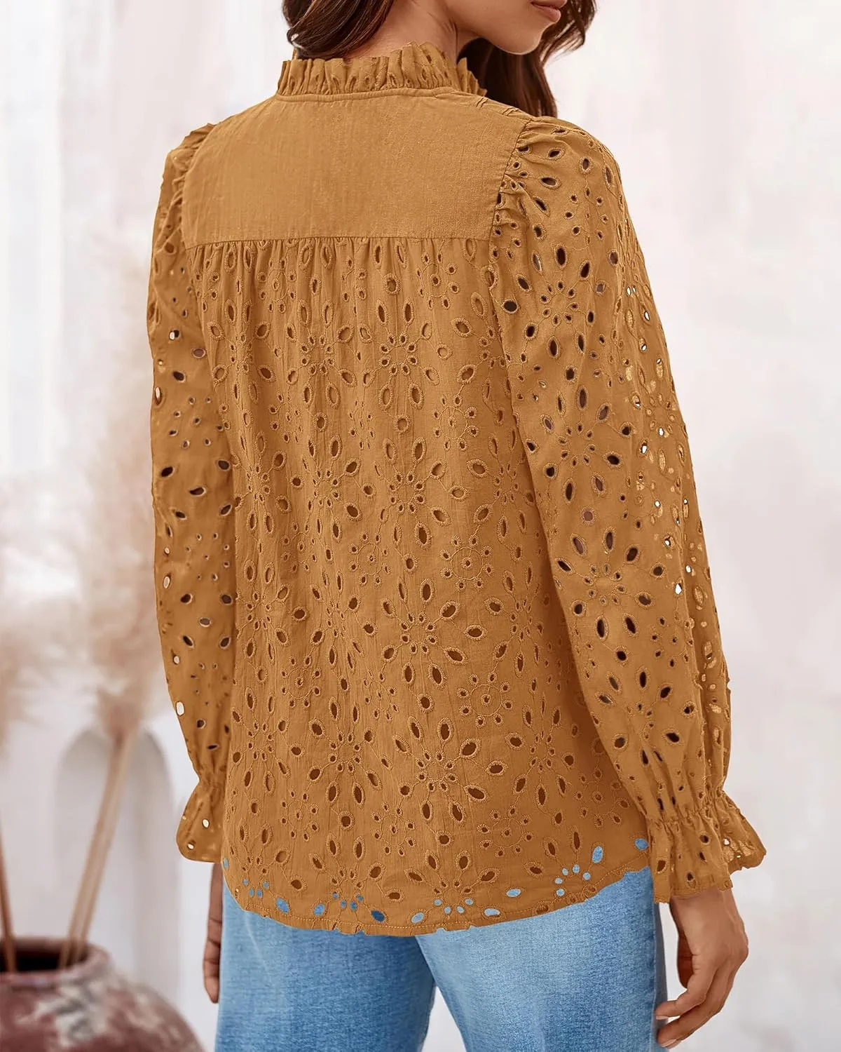 BTFBM Women Hollow Out Fall Tops 2025 Lace Eyelet Buttons V Neck Long Sleeve Embroidery Boho Dressy Casual Blouse Shirts