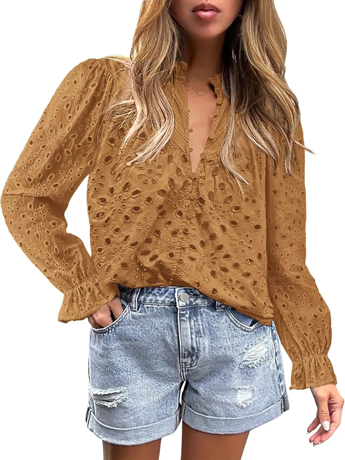 BTFBM Women Hollow Out Fall Tops 2025 Lace Eyelet Buttons V Neck Long Sleeve Embroidery Boho Dressy Casual Blouse Shirts