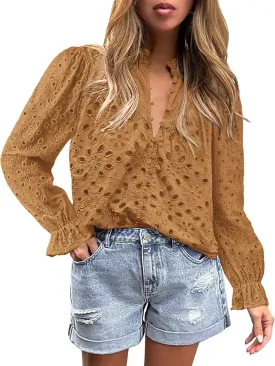 BTFBM Women Hollow Out Fall Tops 2025 Lace Eyelet Buttons V Neck Long Sleeve Embroidery Boho Dressy Casual Blouse Shirts