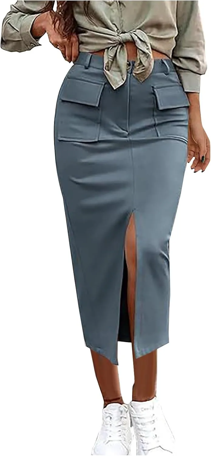 Cargo Skirts for Women High Waisted Midi Skirt Trendy Spring Summer Pencil Slit Dressy Casual Business Work Long Skirts