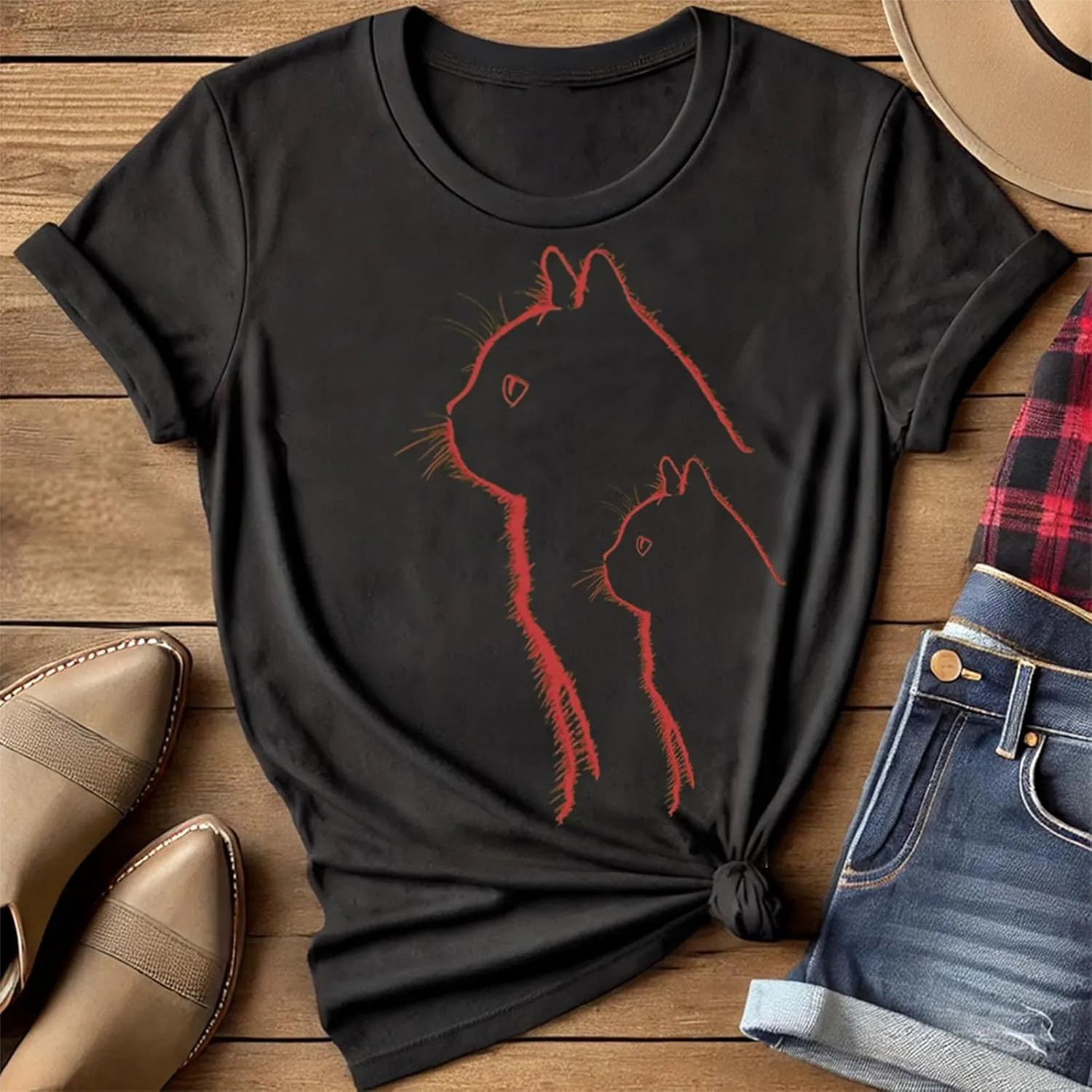 Cat for Women Tshirts Funny Black Cat Graphic Casual Cat Crewneck Holiday Vintage Graphic Tees Casual Tops