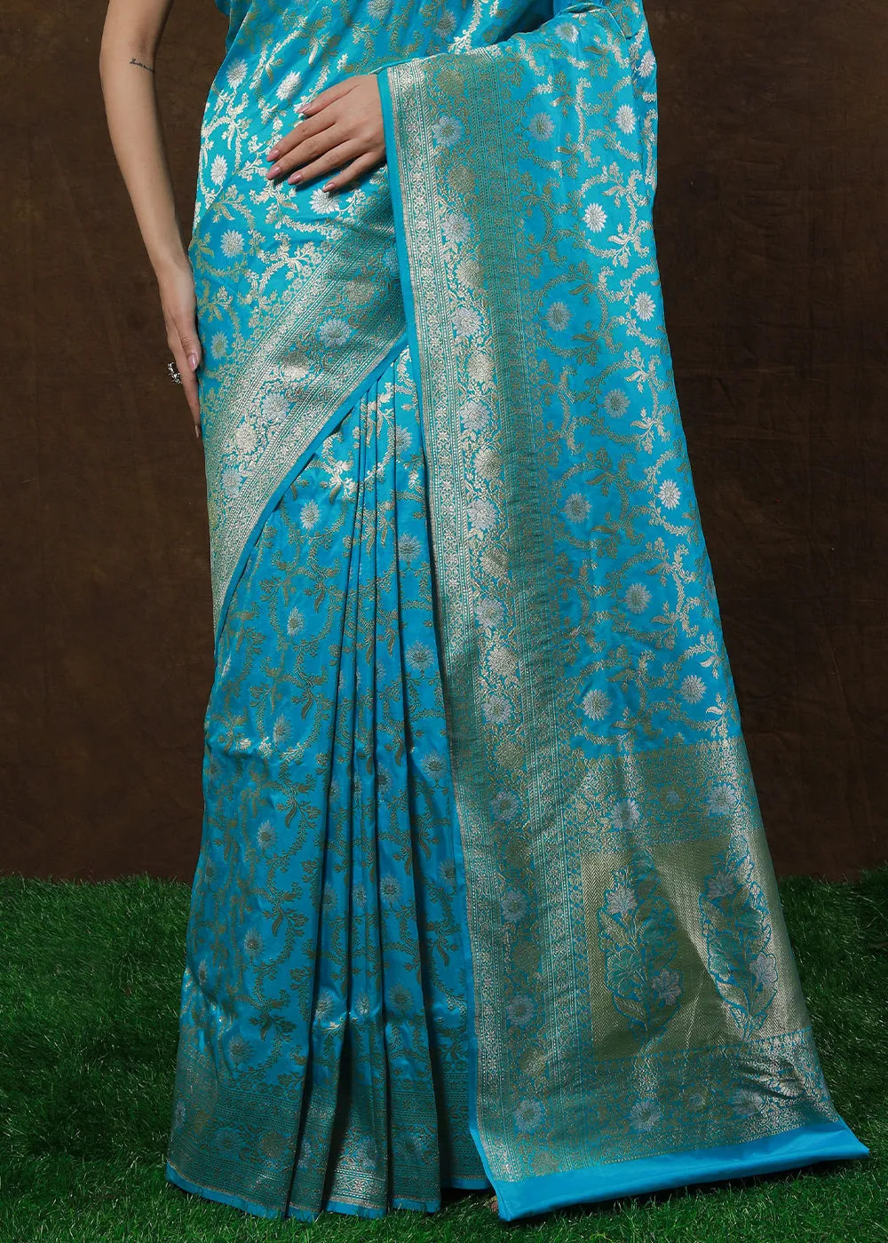 Cerulean Blue Hand Woven Pure Katan Silk Saree