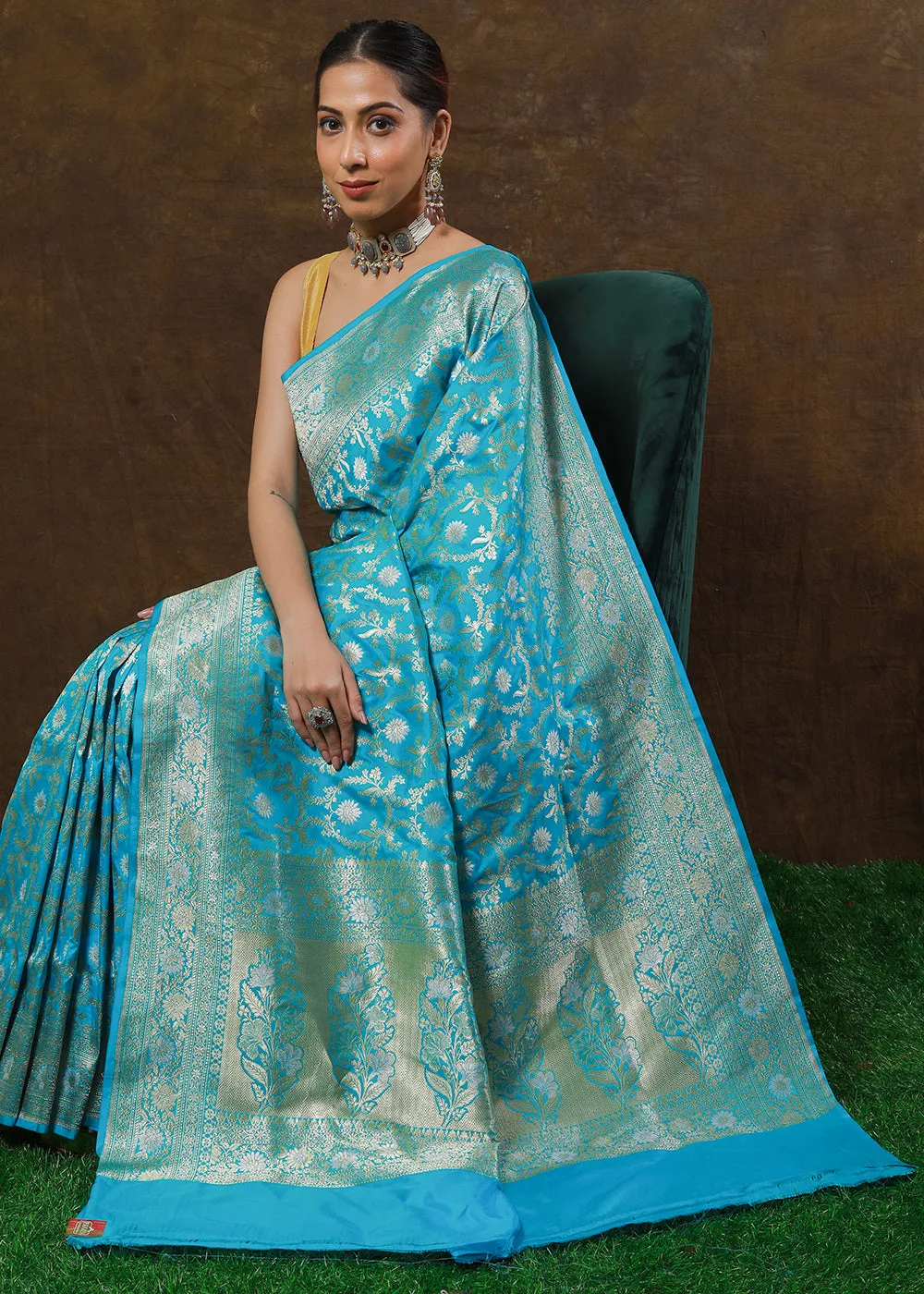 Cerulean Blue Hand Woven Pure Katan Silk Saree
