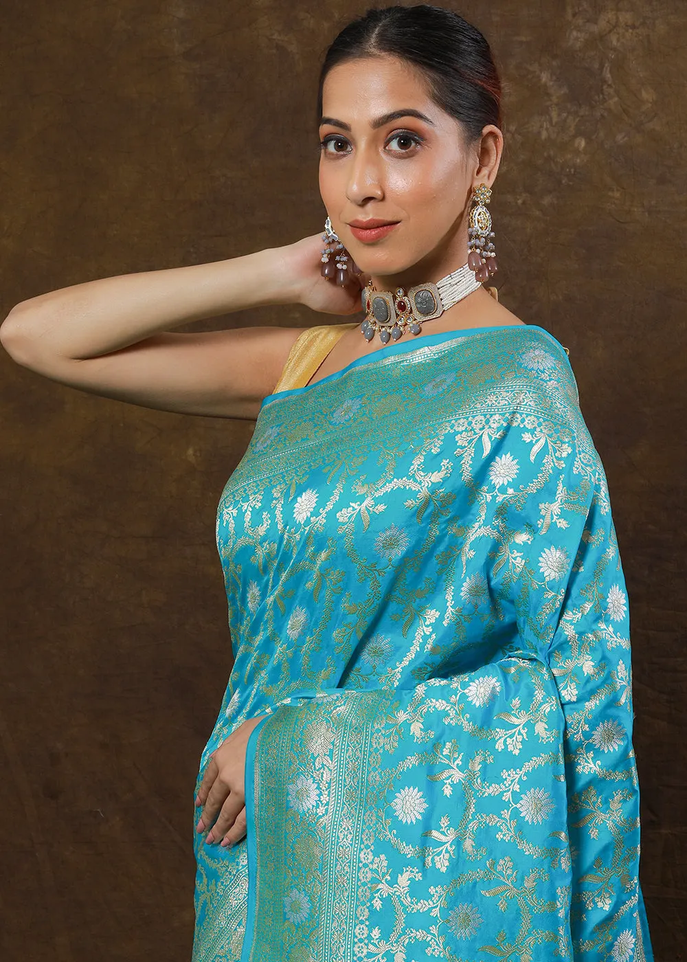 Cerulean Blue Hand Woven Pure Katan Silk Saree