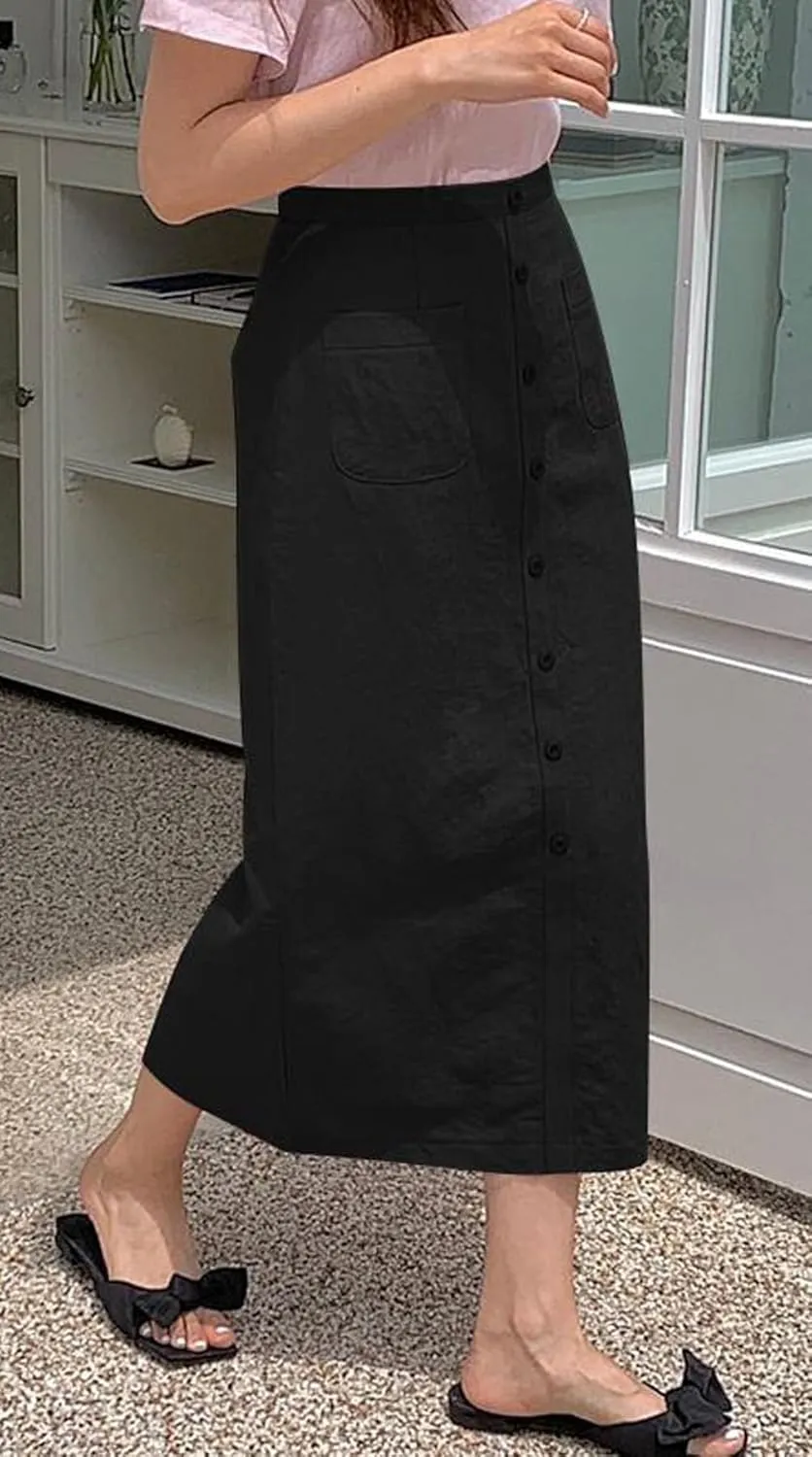 CHARTOU Women Summer Linen Skirt High Waist Button Front Long Pencil Skirt