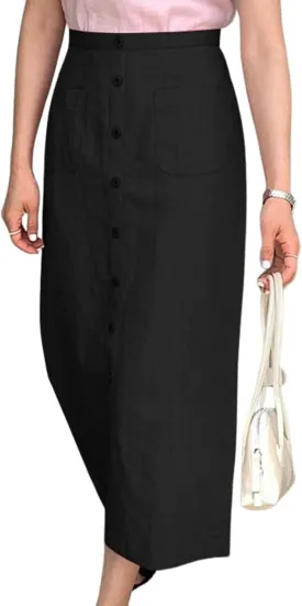 CHARTOU Women Summer Linen Skirt High Waist Button Front Long Pencil Skirt