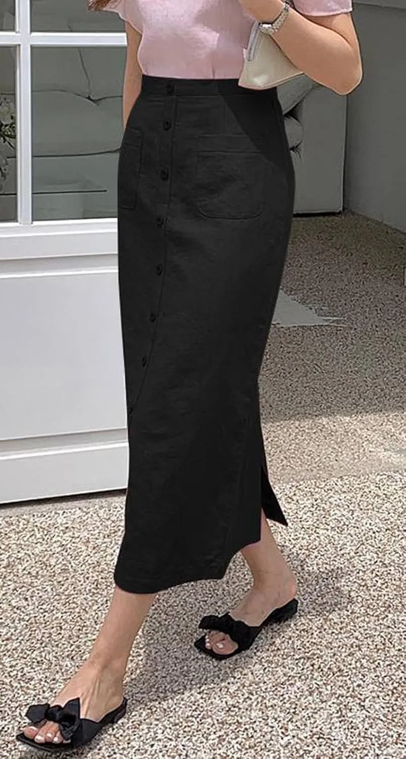 CHARTOU Women Summer Linen Skirt High Waist Button Front Long Pencil Skirt