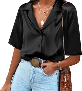 Chigant Women's Short Sleeve Satin Blouse Button Down Tops Casual Office Work Shirt S-XXL