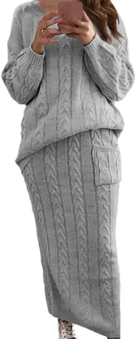 chouyatou Women Winter Casual Chunky Cable Knit Long Pencil Skirt 2 Piece Outfit Oversized Pullover Sweater Sets