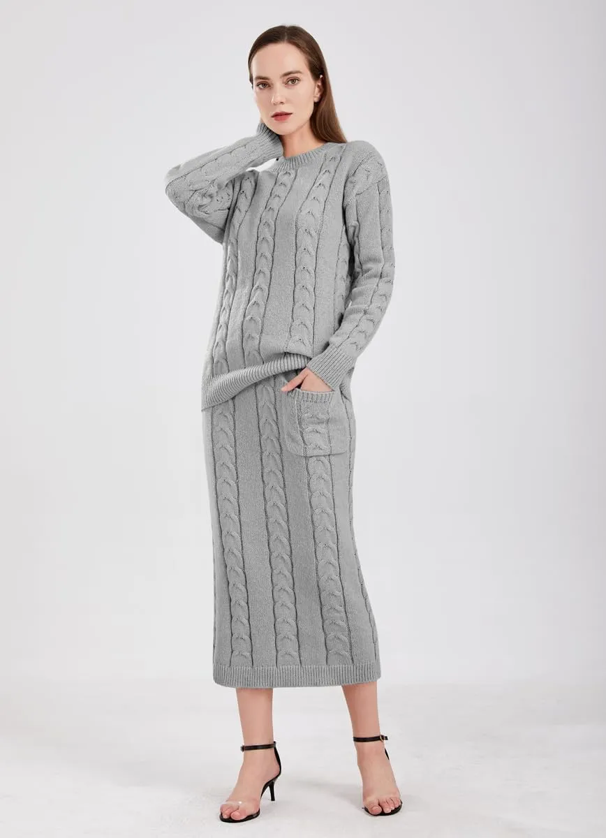 chouyatou Women Winter Casual Chunky Cable Knit Long Pencil Skirt 2 Piece Outfit Oversized Pullover Sweater Sets