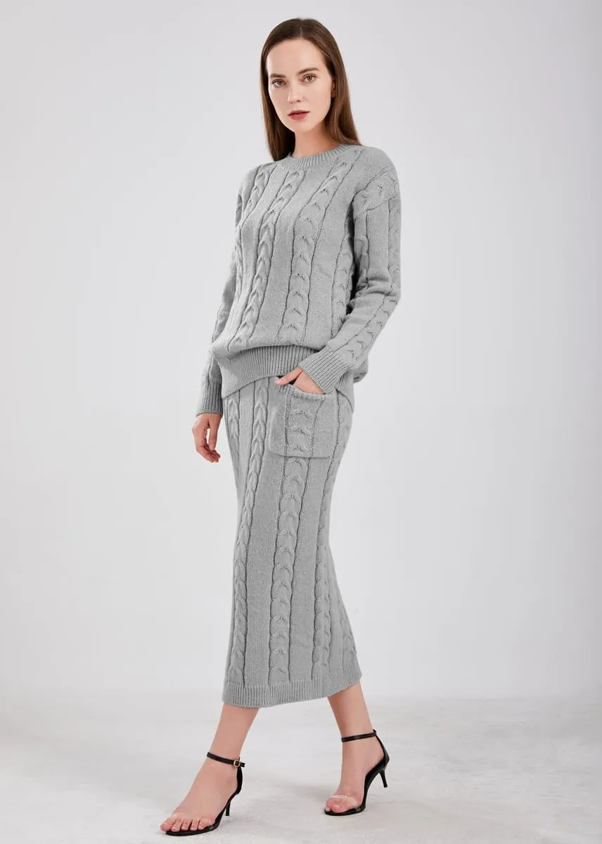 chouyatou Women Winter Casual Chunky Cable Knit Long Pencil Skirt 2 Piece Outfit Oversized Pullover Sweater Sets