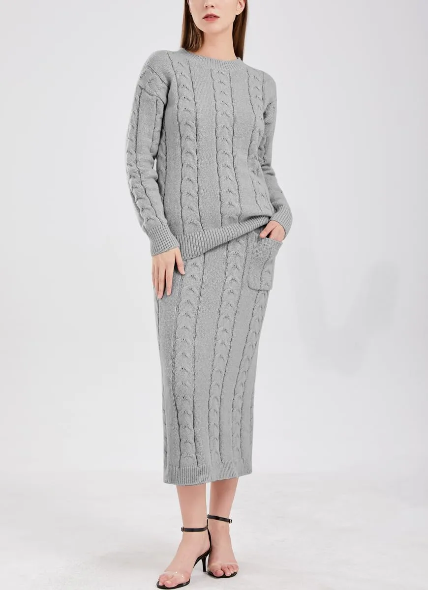chouyatou Women Winter Casual Chunky Cable Knit Long Pencil Skirt 2 Piece Outfit Oversized Pullover Sweater Sets