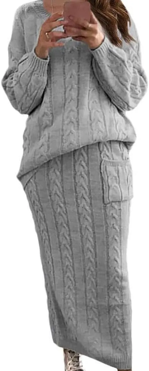 chouyatou Women Winter Casual Chunky Cable Knit Long Pencil Skirt 2 Piece Outfit Oversized Pullover Sweater Sets