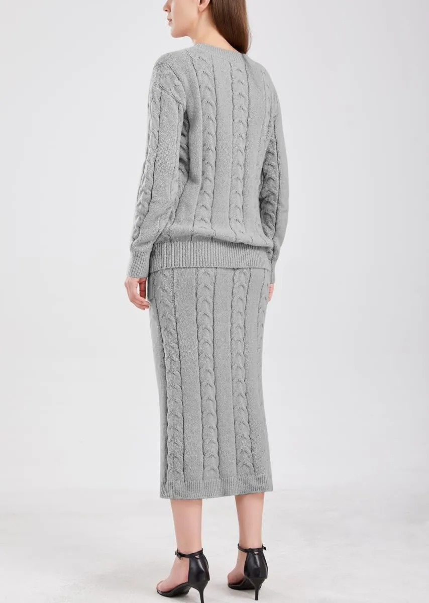 chouyatou Women Winter Casual Chunky Cable Knit Long Pencil Skirt 2 Piece Outfit Oversized Pullover Sweater Sets