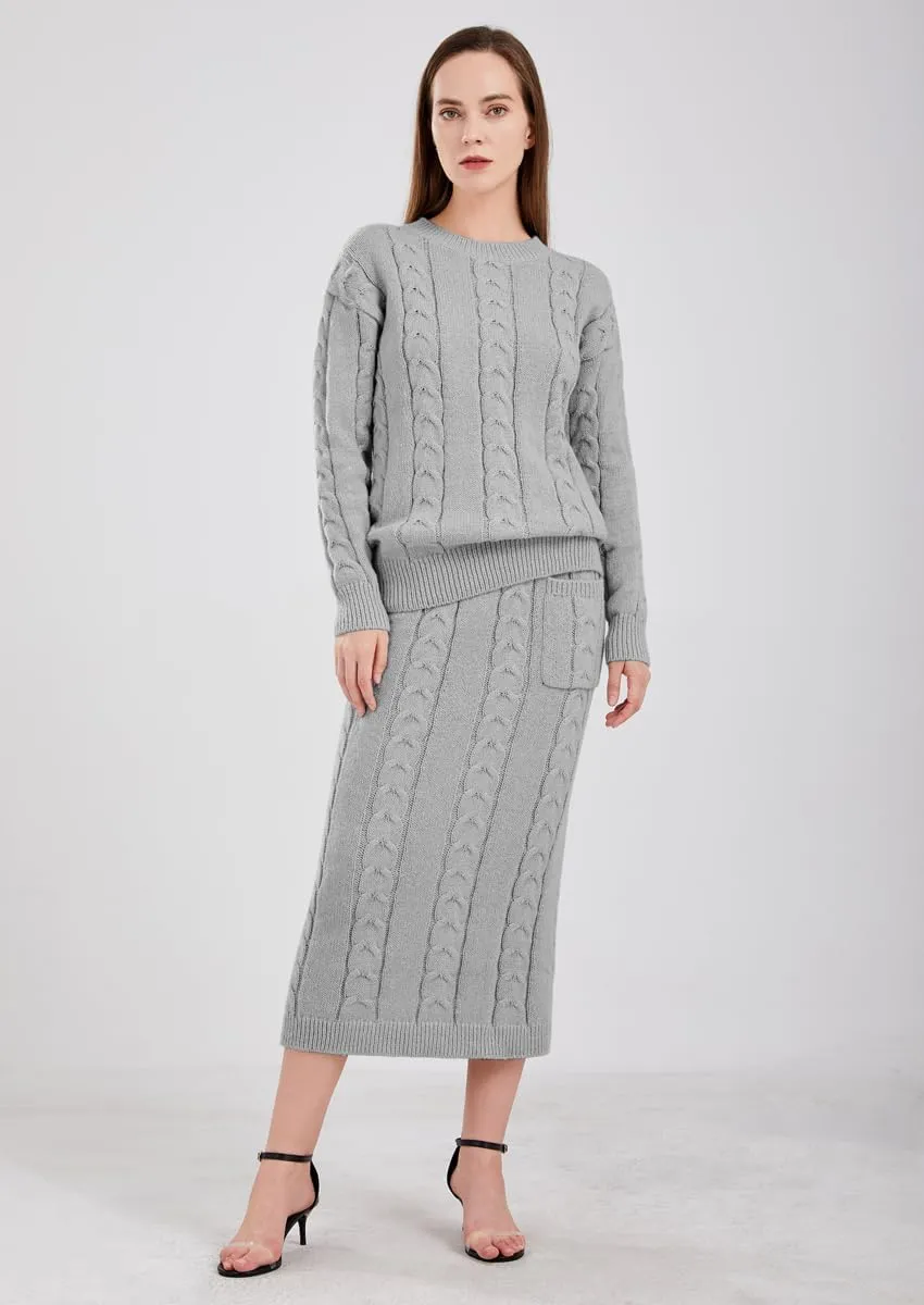 chouyatou Women Winter Casual Chunky Cable Knit Long Pencil Skirt 2 Piece Outfit Oversized Pullover Sweater Sets