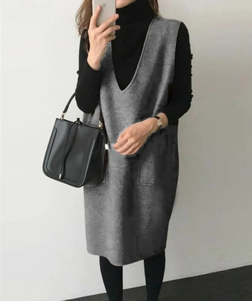 chouyatou Women's Long Wool Vest Sleeveless V Neck Wool Blend Midi Vest Dress with Pockets