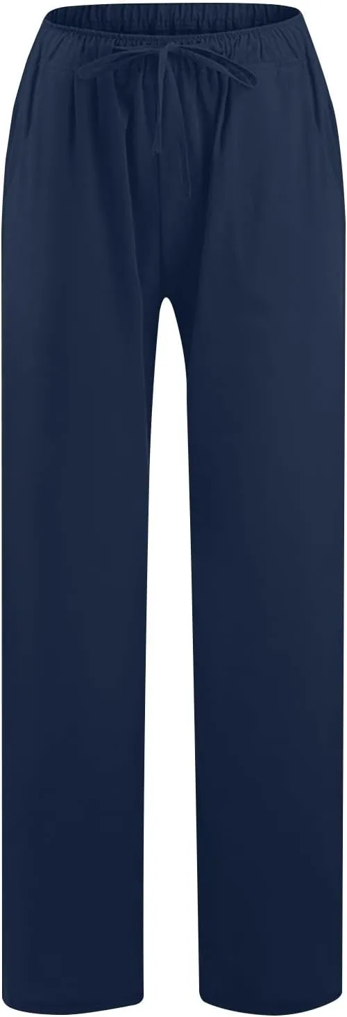 Ctreela Womens Cotton Linen Drawstring Wide Leg Pants High Waisted Casual Loose Trousers with Pockets Elastic Waist Joggers