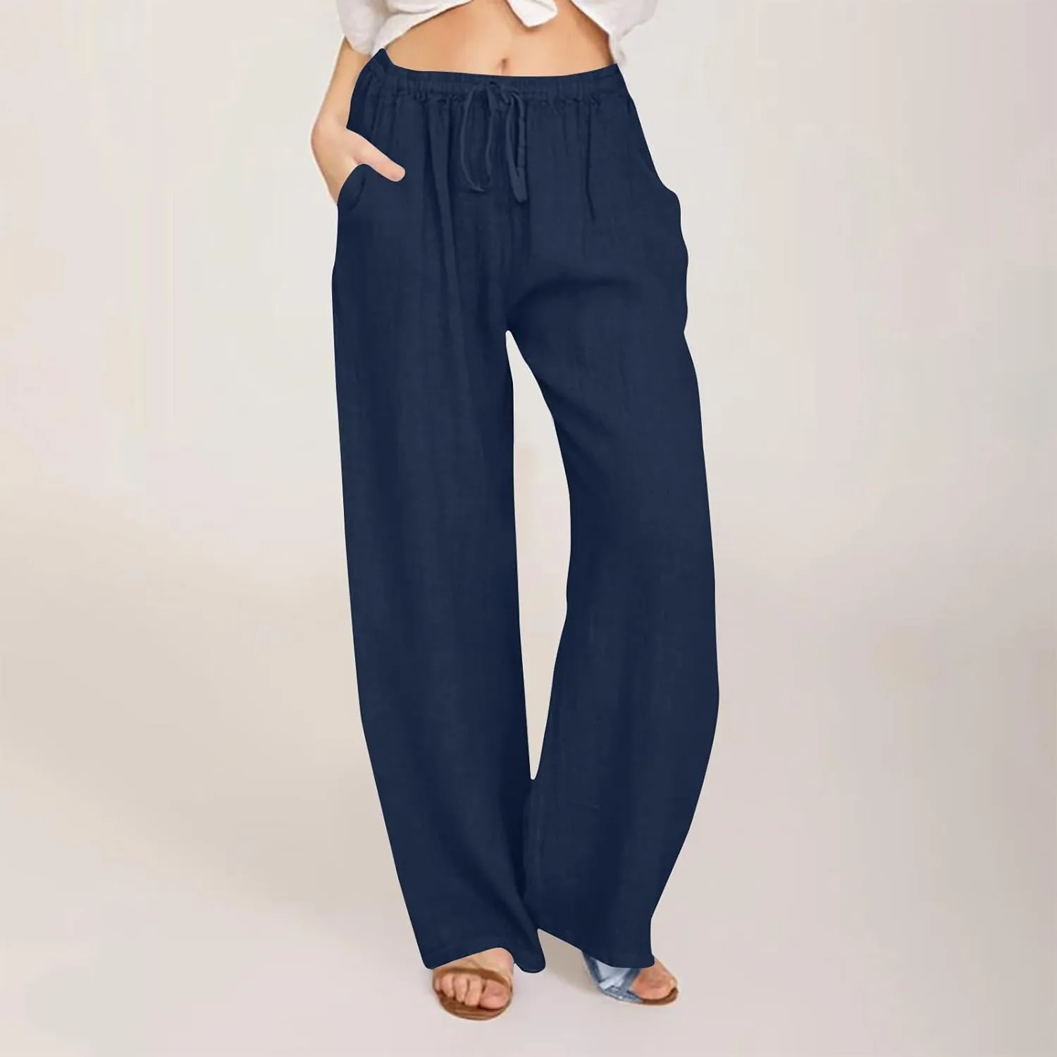 Ctreela Womens Cotton Linen Drawstring Wide Leg Pants High Waisted Casual Loose Trousers with Pockets Elastic Waist Joggers