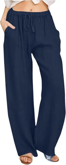 Ctreela Womens Cotton Linen Drawstring Wide Leg Pants High Waisted Casual Loose Trousers with Pockets Elastic Waist Joggers