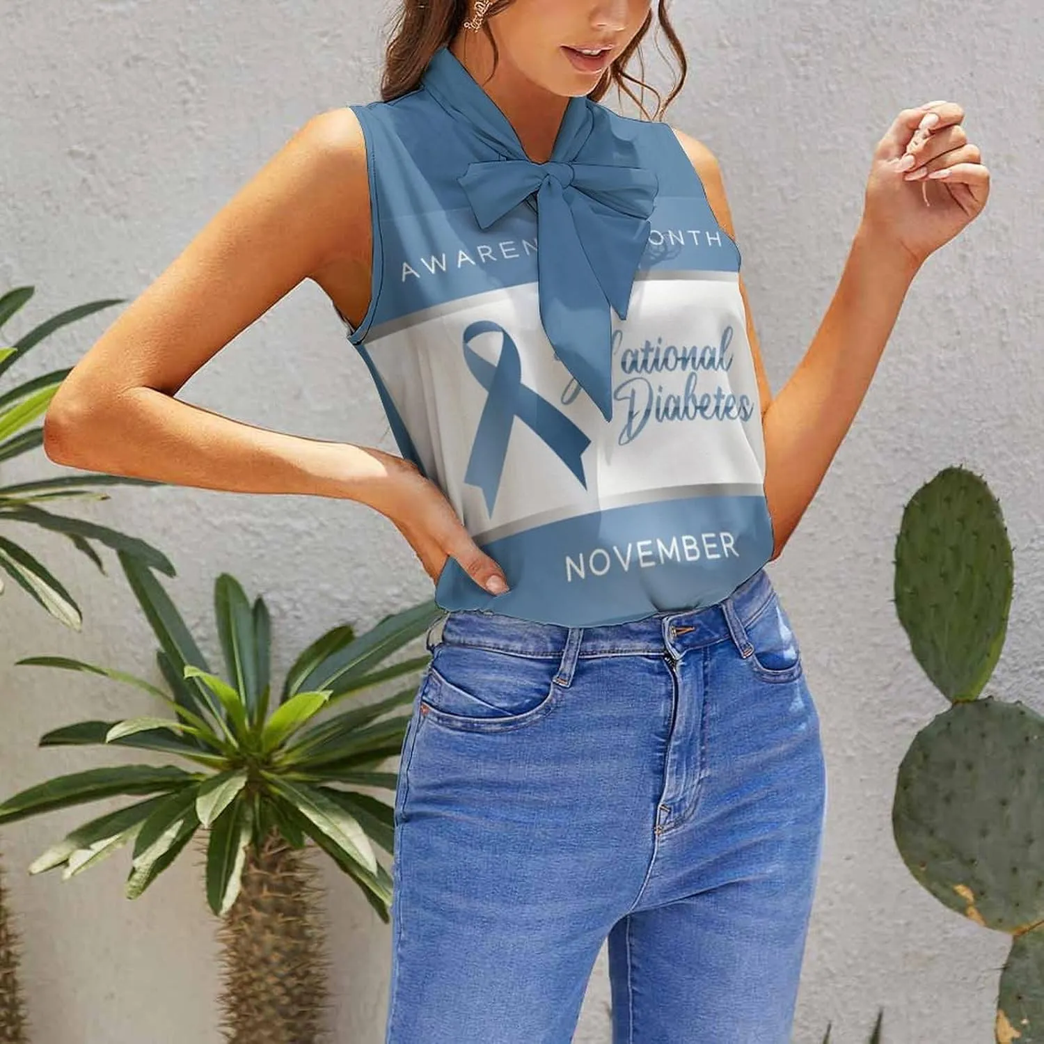 Diabetes Awareness Month Blue Ribbon Women's Shirt Bow Tie Knot Mock Neck Sleeveless Tank Top