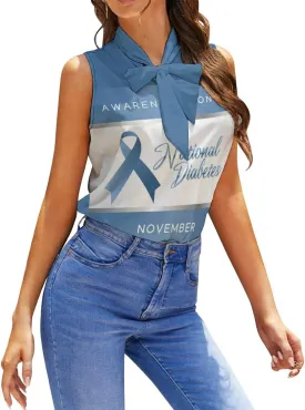 Diabetes Awareness Month Blue Ribbon Women's Shirt Bow Tie Knot Mock Neck Sleeveless Tank Top