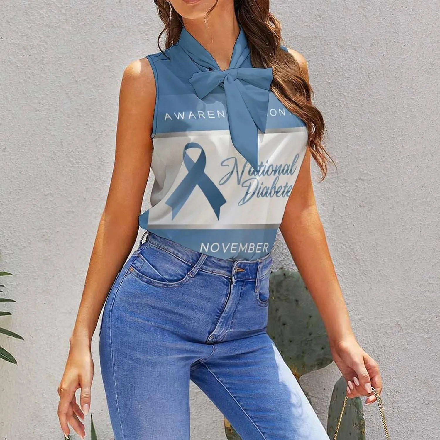Diabetes Awareness Month Blue Ribbon Women's Shirt Bow Tie Knot Mock Neck Sleeveless Tank Top