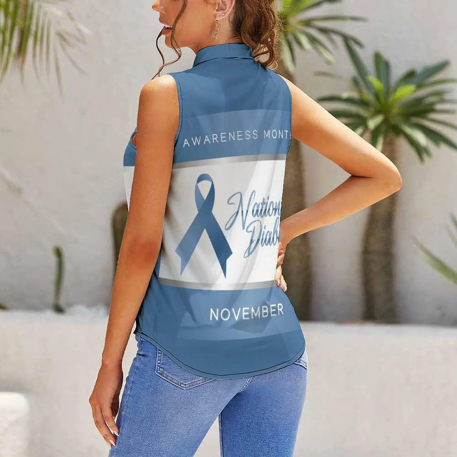 Diabetes Awareness Month Blue Ribbon Women's Shirt Bow Tie Knot Mock Neck Sleeveless Tank Top
