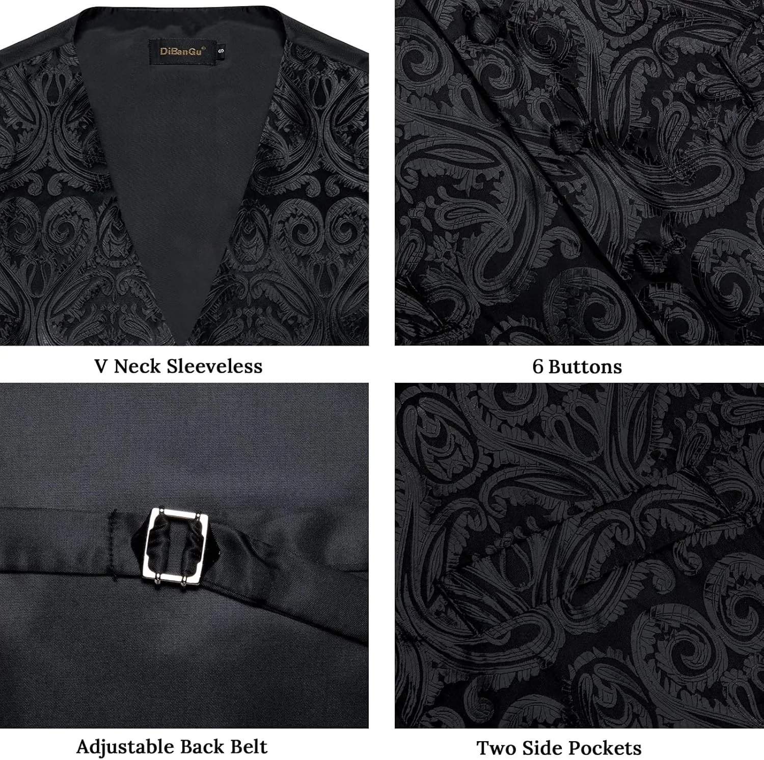 DiBanGu Mens Paisley Suit Waistcoat,Silk Dress Vest and Bowtie Pocket Square Cufflinks with Lapel Pin Set for Wedding Tuxedo