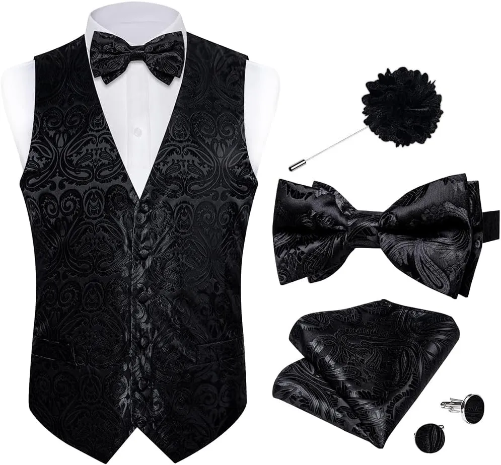 DiBanGu Mens Paisley Suit Waistcoat,Silk Dress Vest and Bowtie Pocket Square Cufflinks with Lapel Pin Set for Wedding Tuxedo