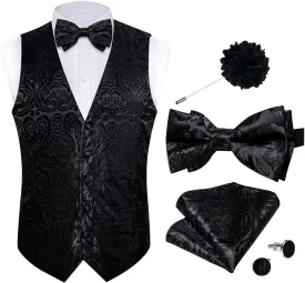 DiBanGu Mens Paisley Suit Waistcoat,Silk Dress Vest and Bowtie Pocket Square Cufflinks with Lapel Pin Set for Wedding Tuxedo