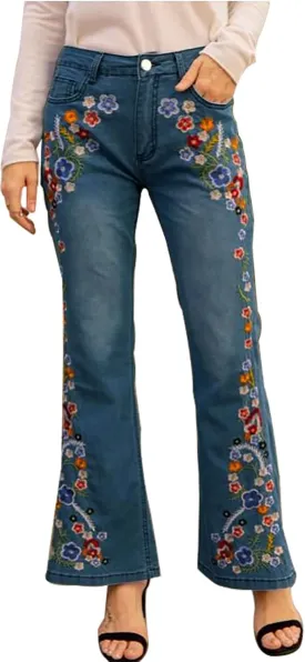 ETATNG Women Flare Jeans Embroidered High Waist Slim Casual Boho Vintage Wide Leg Denim Pants Dark Blue 3XL