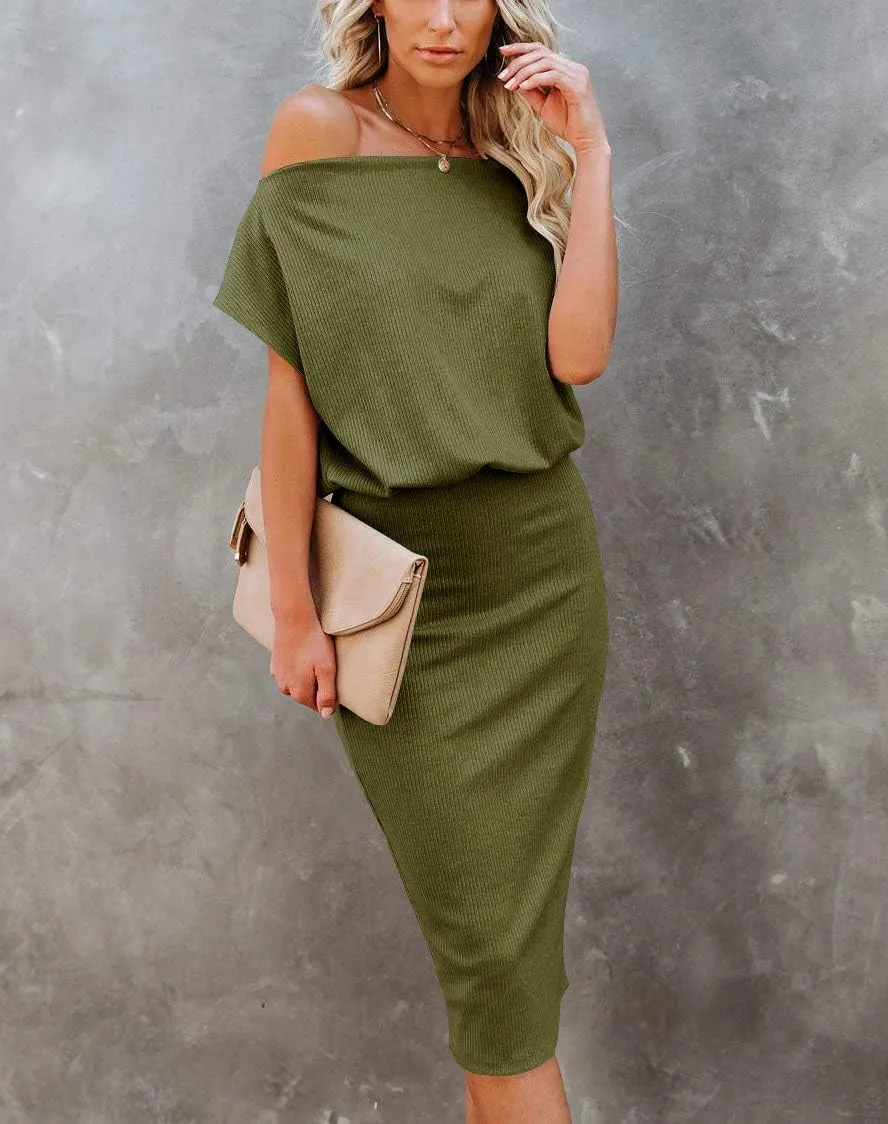 Ezbelle Women's 2025 Summer Dress Off The Shoulder Short Sleeve Ribbed Casual Party Bodycon Midi Dresses