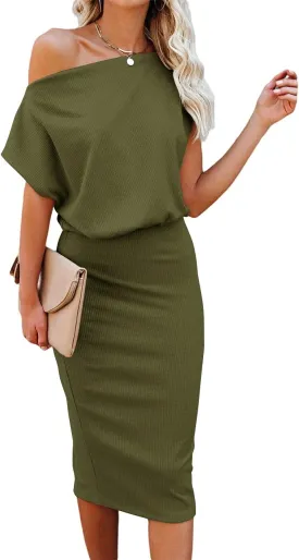 Ezbelle Women's 2025 Summer Dress Off The Shoulder Short Sleeve Ribbed Casual Party Bodycon Midi Dresses