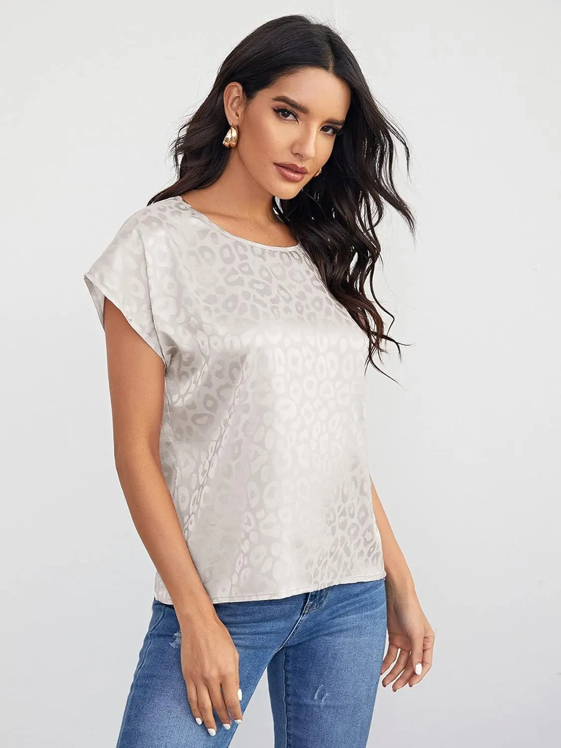 Floerns Women's Casual Cap Sleeve Leopard Print Satin Silk Blouse Tops