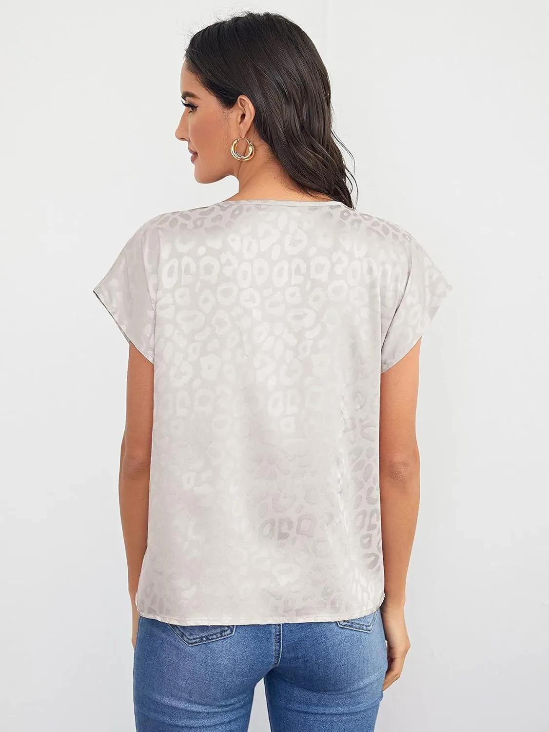 Floerns Women's Casual Cap Sleeve Leopard Print Satin Silk Blouse Tops