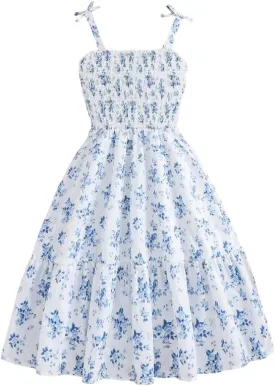 Floral Print Smocked Dress, White with Flower, Princess Style